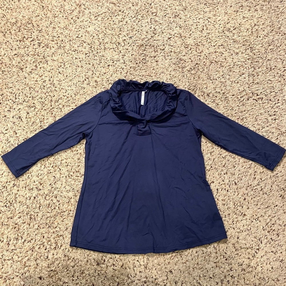 Lulu B Ruffle Neck 3/4 Sleeve Top Navy Women's Sz Small